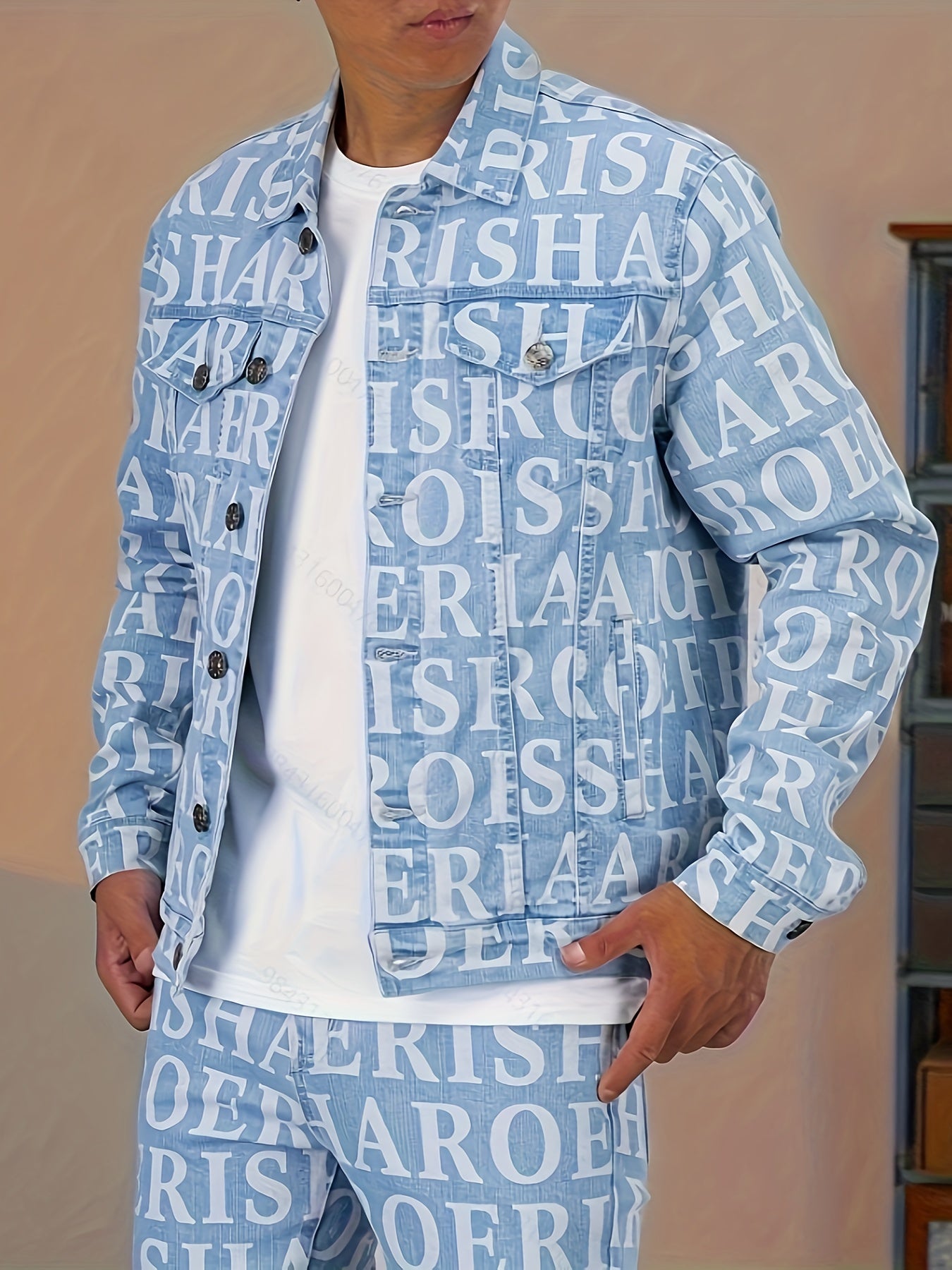 Men's Trendy Cotton Denim Jacket With Letter Full Print, Cool And Street Style Coats For Outdoor Wearing