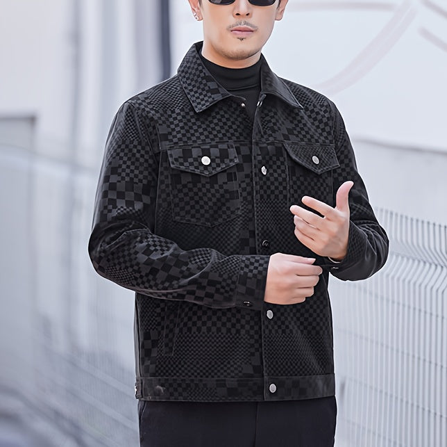 Mens Regular Fit PU Leather Jacket with Lapel Collar - Long Sleeve, Single Breasted, All Over Checkerboard Pattern, Polyester Lining, Multiple Pockets - Perfect for Casual Scene
