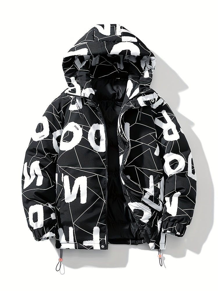 Mens Stylish Hooded Puffer Coat - Water-Resistant, Breathable, Zip-Up, Long Sleeve, Loose Fit, Polyester Outer, Cotton Filled, Single Breasted, Regular Length, Hand Washable - Perfect for Casual Winter Outdoor Activities