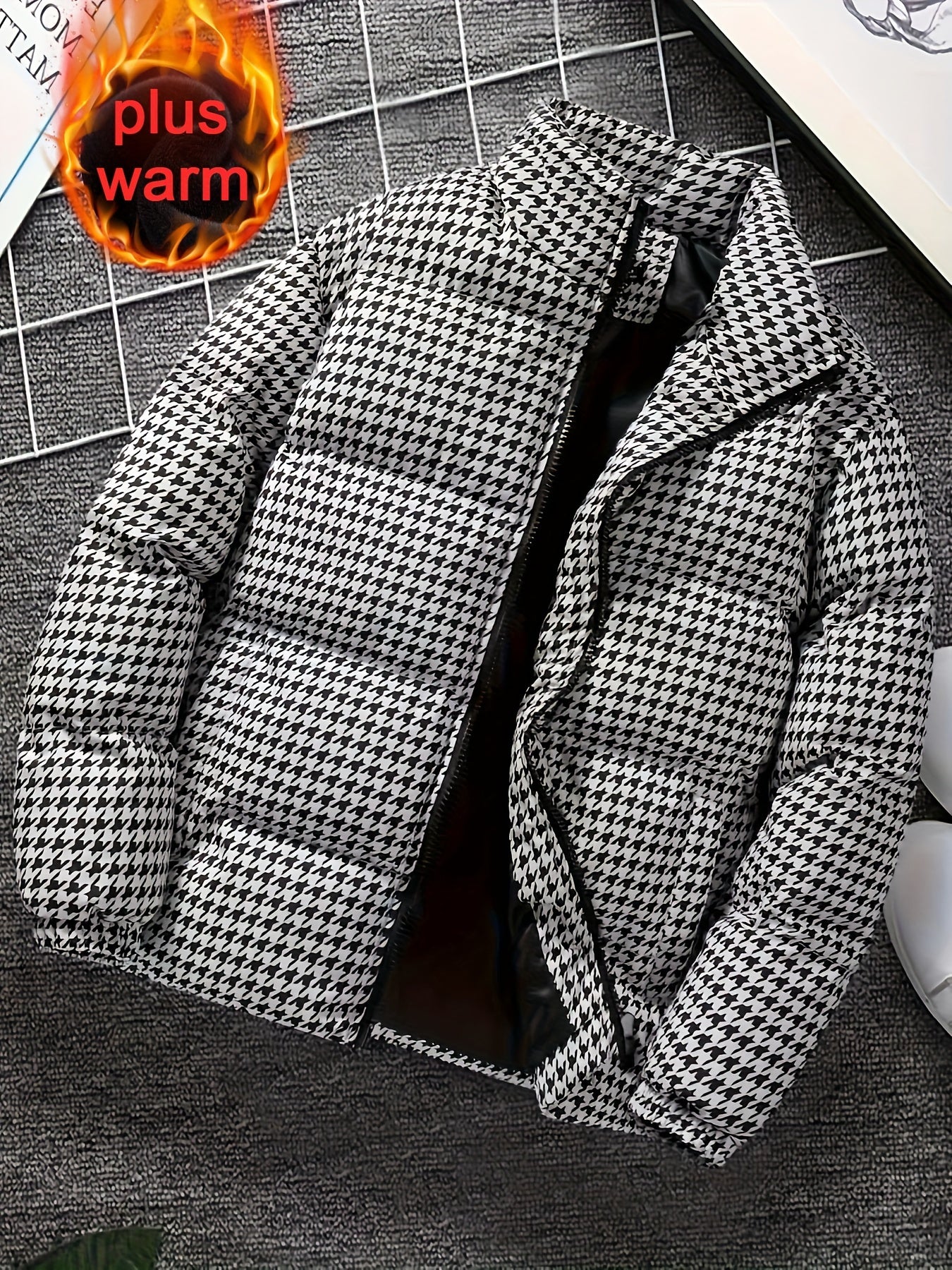Men's Houndstooth Winter Puffer Jacket - Polyester Stand Collar Casual Style Coats, Machine Washable