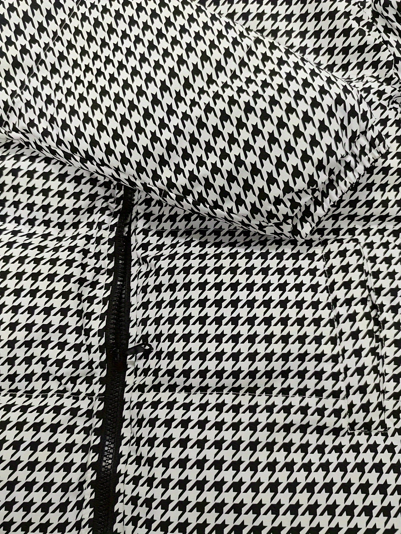 Men's Houndstooth Winter Puffer Jacket - Polyester Stand Collar Casual Style Coats, Machine Washable