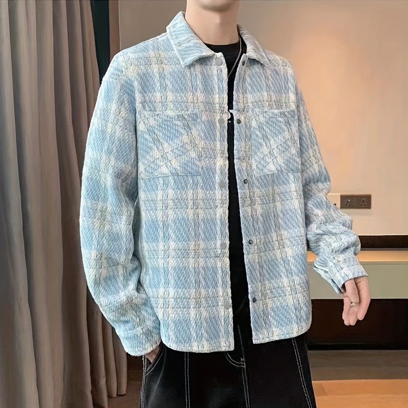 Mens Classic Plaid Loose Fit Long Sleeve Shirt with Chest Pockets - Square Neck, Button Up, Non-Stretch Polyester, Weekend Casual Wear for Spring and Fall Seasons - England Inspired, Cross Pattern, Outdoor and Daily Wear