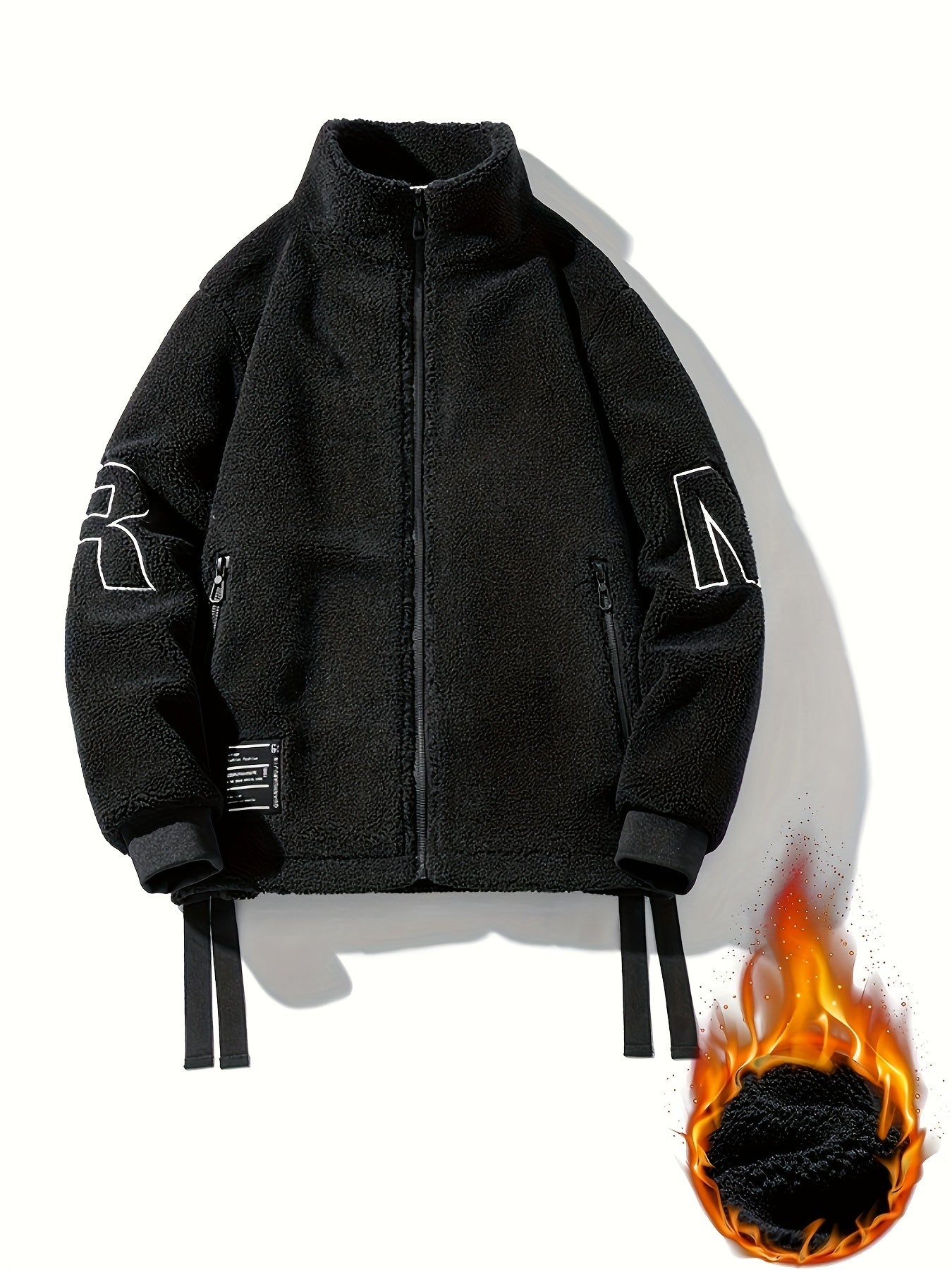 Men's Loose LAX Graphic Print Snuddie Fleece Jacket With Zipper Pockets, Casual Long Sleeve Stand Collar Warm Outwear For Outdoor
