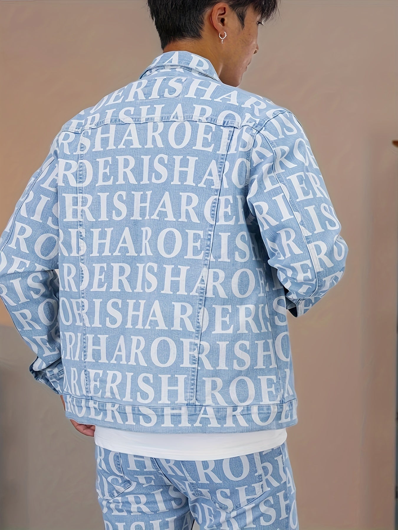 Men's Trendy Cotton Denim Jacket With Letter Full Print, Cool And Street Style Coats For Outdoor Wearing
