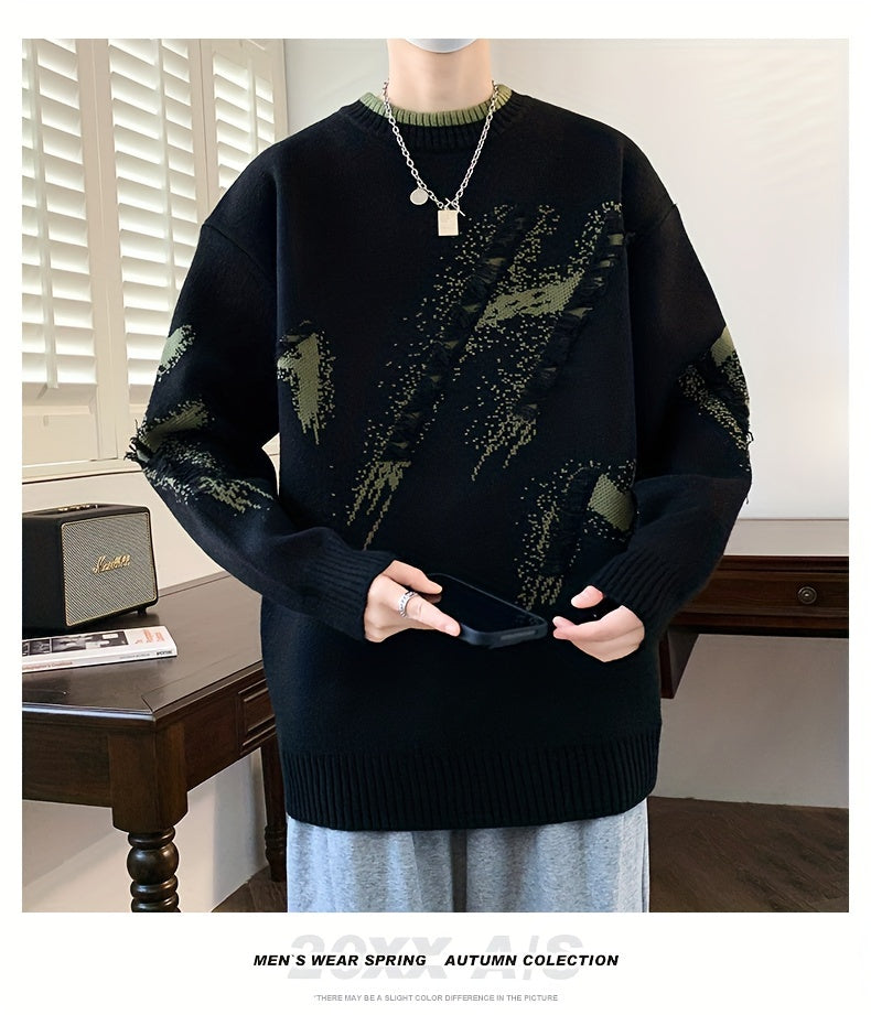 Cozy Men's Loose Fit Color Block Frayed Knitted Pullover Sweater - Soft, Casual, Long Sleeve, Crew Neck, Perfect for Fall and Winter - Easy to Match, Versatile, and Warm