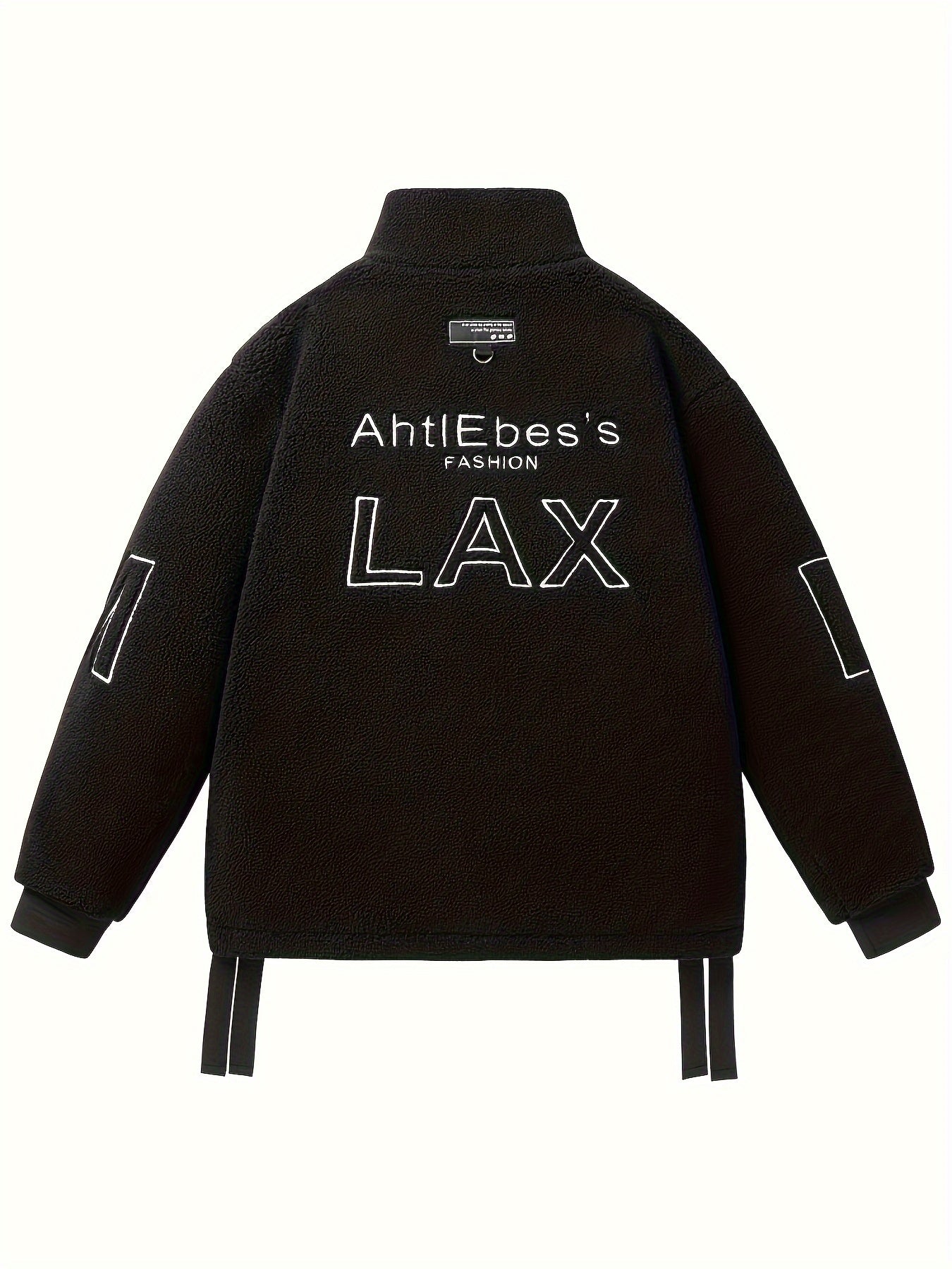 Men's Loose LAX Graphic Print Snuddie Fleece Jacket With Zipper Pockets, Casual Long Sleeve Stand Collar Warm Outwear For Outdoor