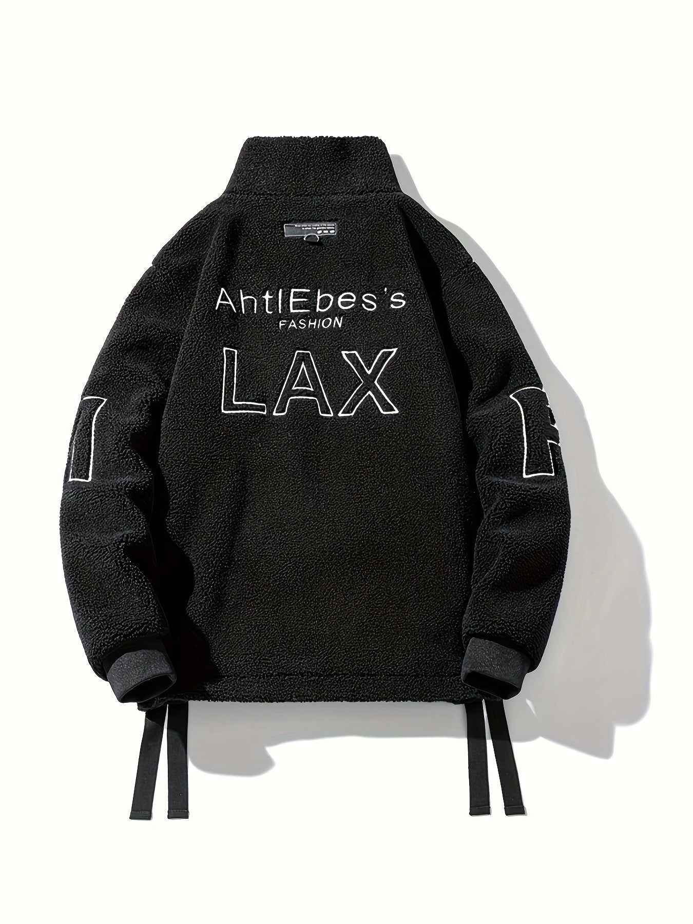 Men's Loose LAX Graphic Print Snuddie Fleece Jacket With Zipper Pockets, Casual Long Sleeve Stand Collar Warm Outwear For Outdoor
