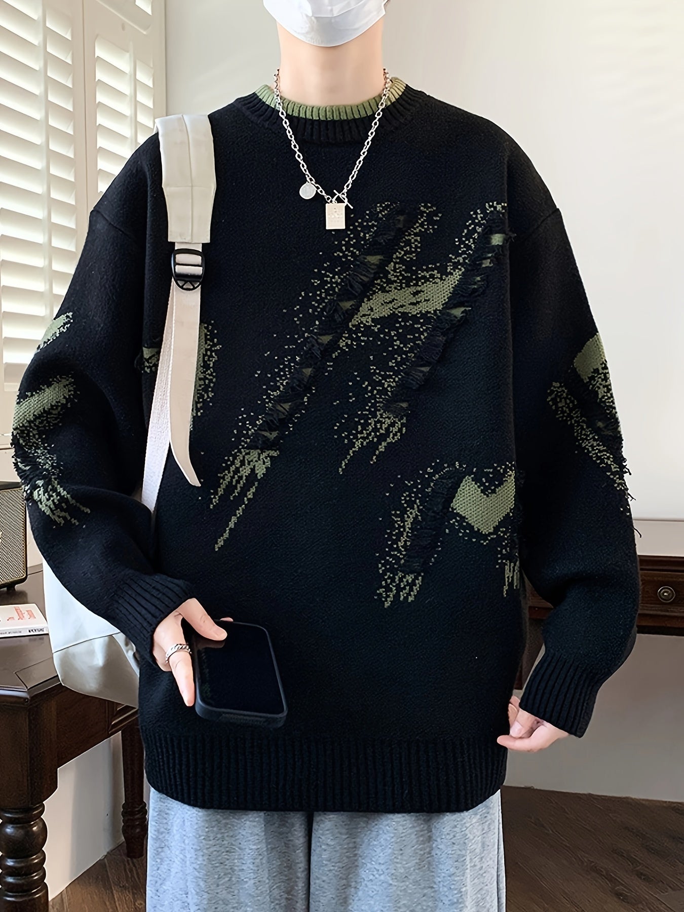 Cozy Men's Loose Fit Color Block Frayed Knitted Pullover Sweater - Soft, Casual, Long Sleeve, Crew Neck, Perfect for Fall and Winter - Easy to Match, Versatile, and Warm