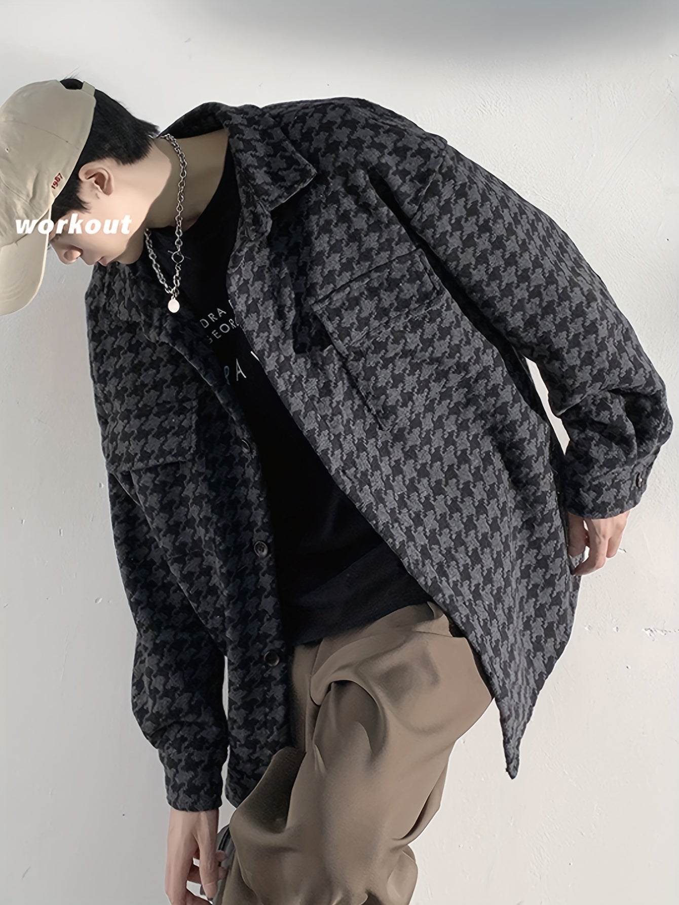 Stylish Men's Checkered Graphic Print Jacket - Long Sleeve, Hooded, Casual Button Up with Lapel, Multiple Pockets, Perfect for Outdoor Activities and Everyday Wear