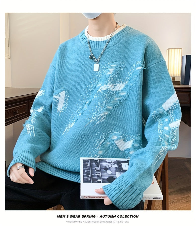 Cozy Men's Loose Fit Color Block Frayed Knitted Pullover Sweater - Soft, Casual, Long Sleeve, Crew Neck, Perfect for Fall and Winter - Easy to Match, Versatile, and Warm