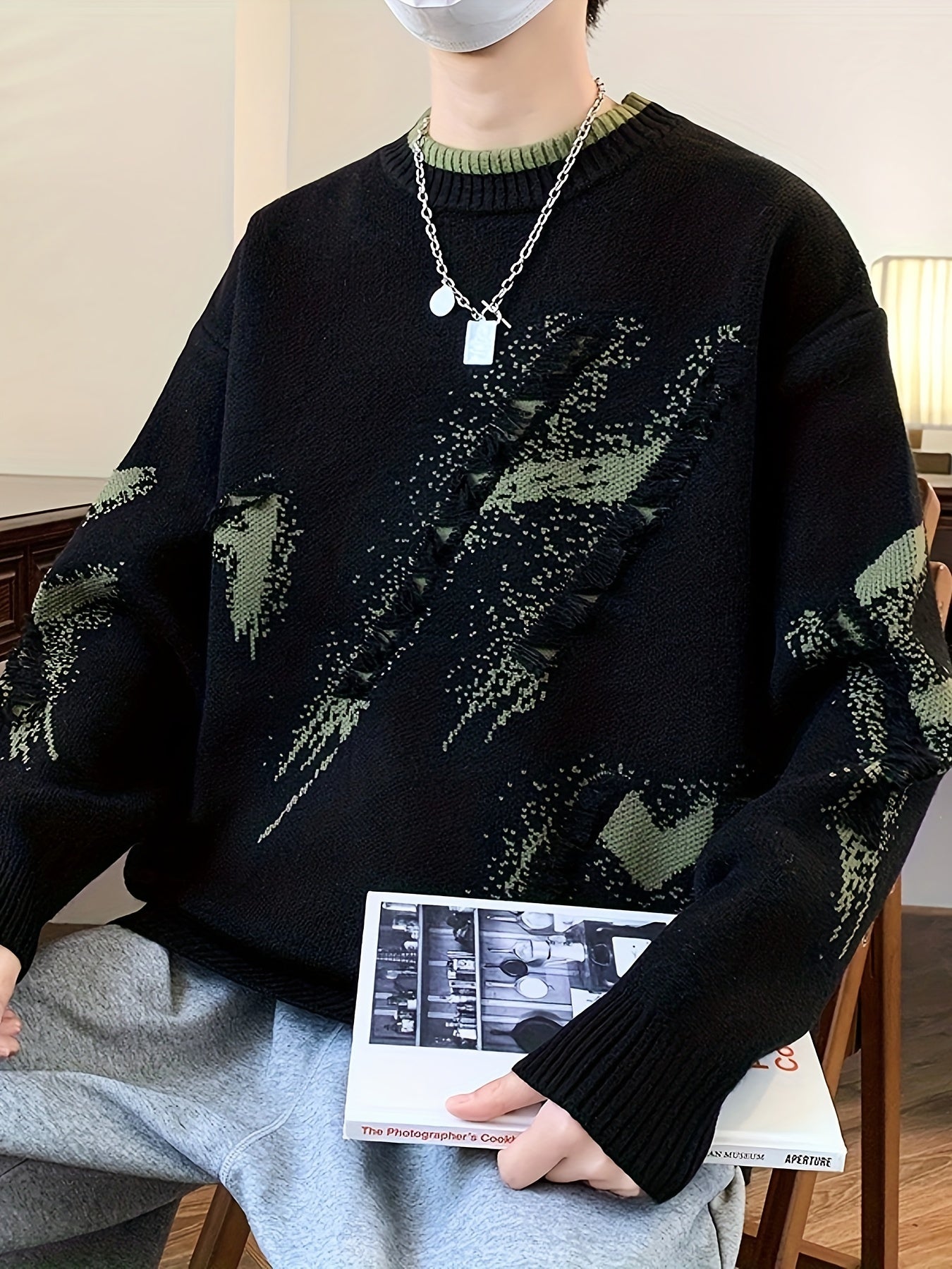 Cozy Men's Loose Fit Color Block Frayed Knitted Pullover Sweater - Soft, Casual, Long Sleeve, Crew Neck, Perfect for Fall and Winter - Easy to Match, Versatile, and Warm