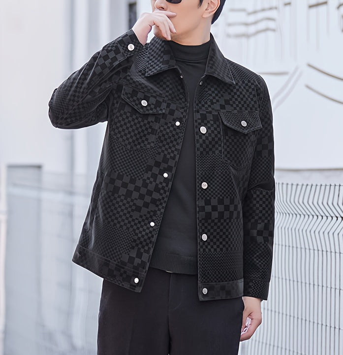 Mens Regular Fit PU Leather Jacket with Lapel Collar - Long Sleeve, Single Breasted, All Over Checkerboard Pattern, Polyester Lining, Multiple Pockets - Perfect for Casual Scene