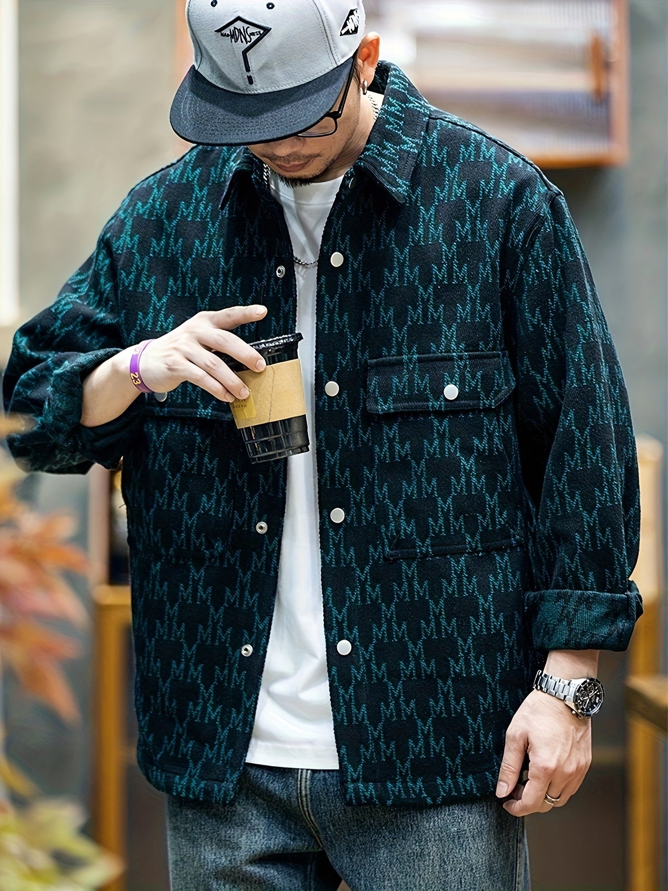 Mens Fashionable Graphic Print Jacket - Stylish & Comfortable Lapel Button Up Coat - Ideal for Spring & Fall - Versatile Long Sleeve Wear