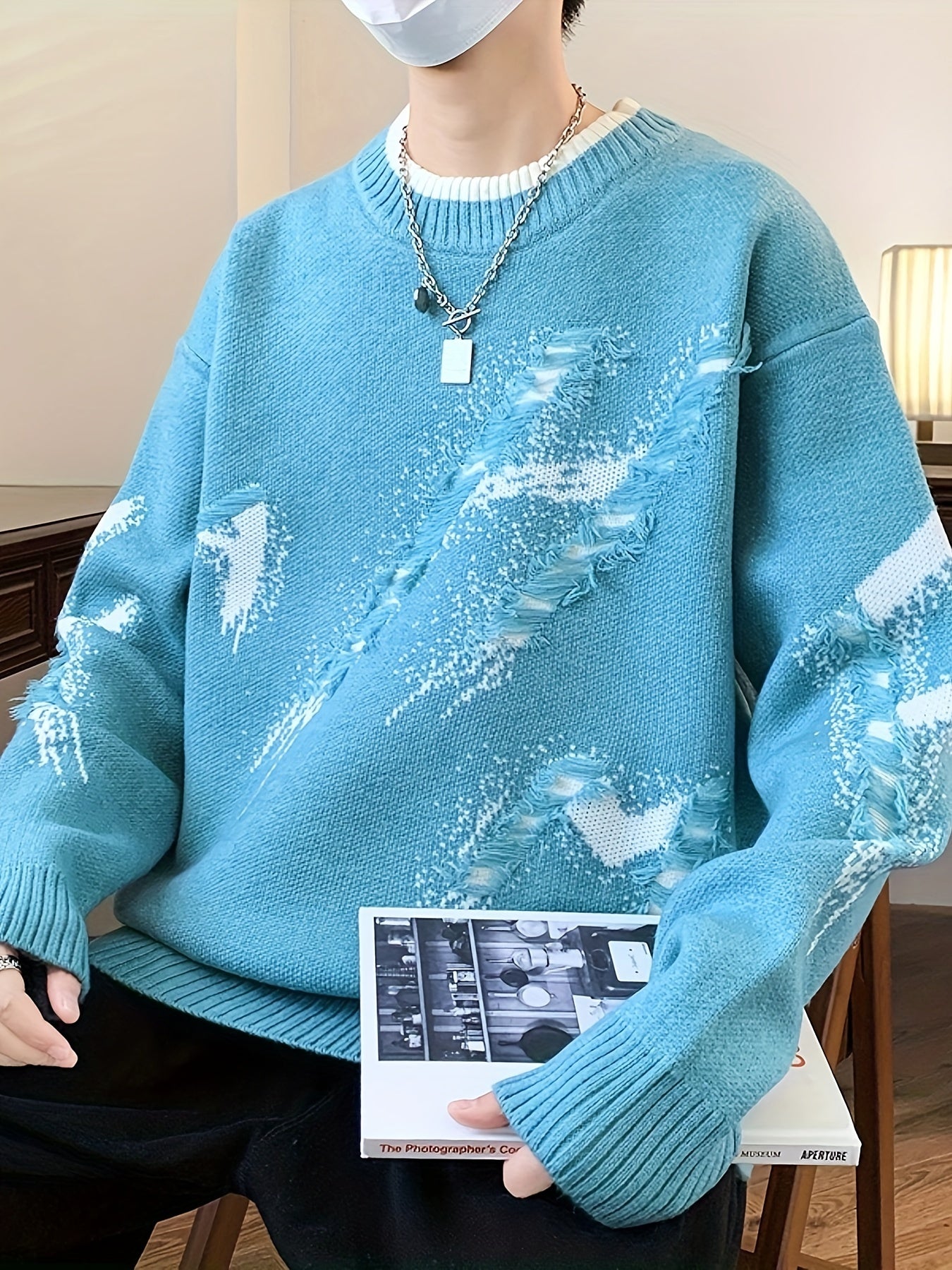 Cozy Men's Loose Fit Color Block Frayed Knitted Pullover Sweater - Soft, Casual, Long Sleeve, Crew Neck, Perfect for Fall and Winter - Easy to Match, Versatile, and Warm