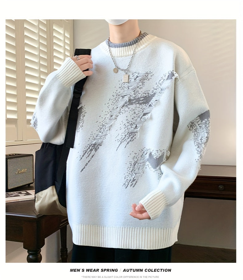 Cozy Men's Loose Fit Color Block Frayed Knitted Pullover Sweater - Soft, Casual, Long Sleeve, Crew Neck, Perfect for Fall and Winter - Easy to Match, Versatile, and Warm