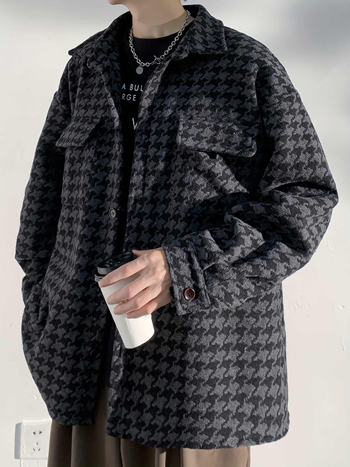Stylish Men's Checkered Graphic Print Jacket - Long Sleeve, Hooded, Casual Button Up with Lapel, Multiple Pockets, Perfect for Outdoor Activities and Everyday Wear