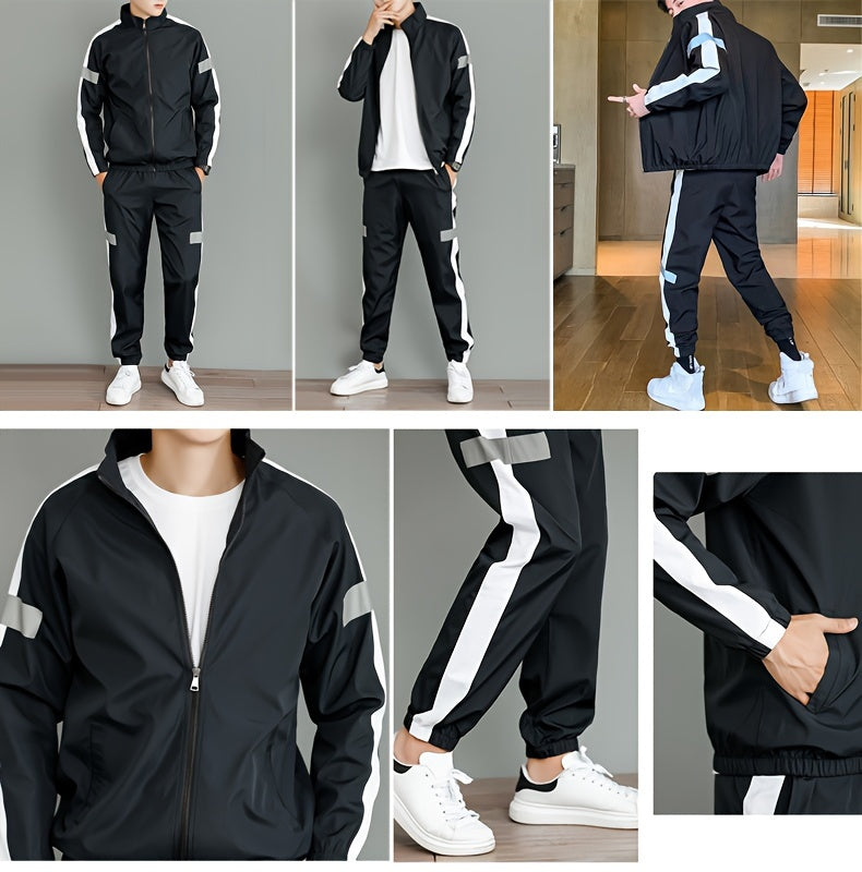 Men's Casual Sportswear Set - Trendy Korean-Style Jacket & Pants Combo, Long Sleeve, Machine Washable