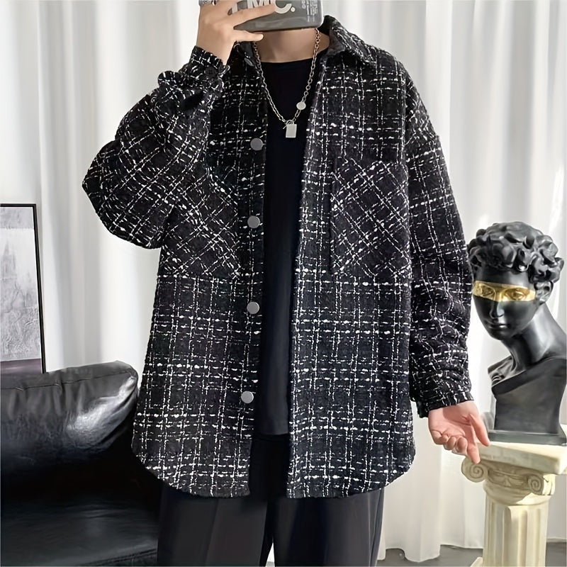 Mens Classic Plaid Loose Fit Long Sleeve Shirt with Chest Pockets - Square Neck, Button Up, Non-Stretch Polyester, Weekend Casual Wear for Spring and Fall Seasons - England Inspired, Cross Pattern, Outdoor and Daily Wear
