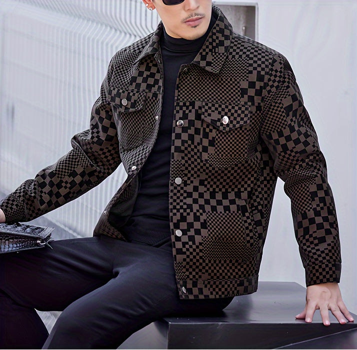 Mens Regular Fit PU Leather Jacket with Lapel Collar - Long Sleeve, Single Breasted, All Over Checkerboard Pattern, Polyester Lining, Multiple Pockets - Perfect for Casual Scene