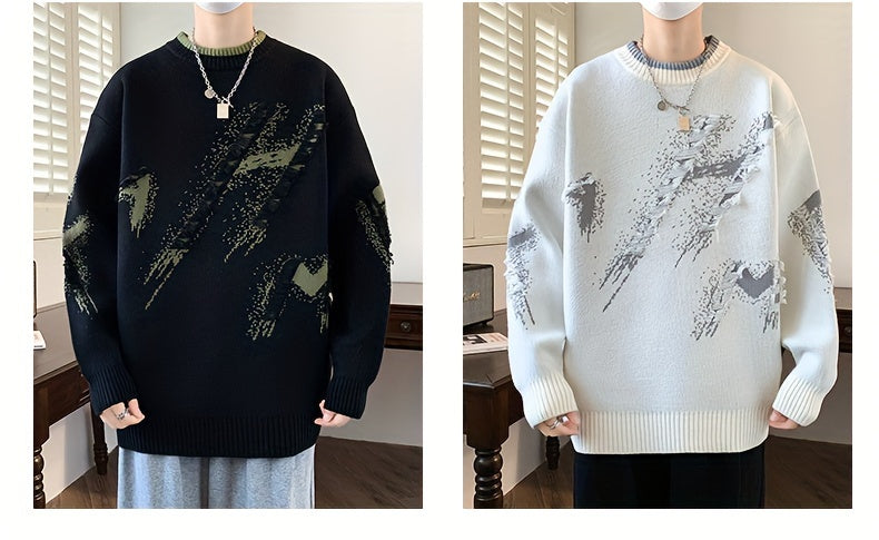 Cozy Men's Loose Fit Color Block Frayed Knitted Pullover Sweater - Soft, Casual, Long Sleeve, Crew Neck, Perfect for Fall and Winter - Easy to Match, Versatile, and Warm