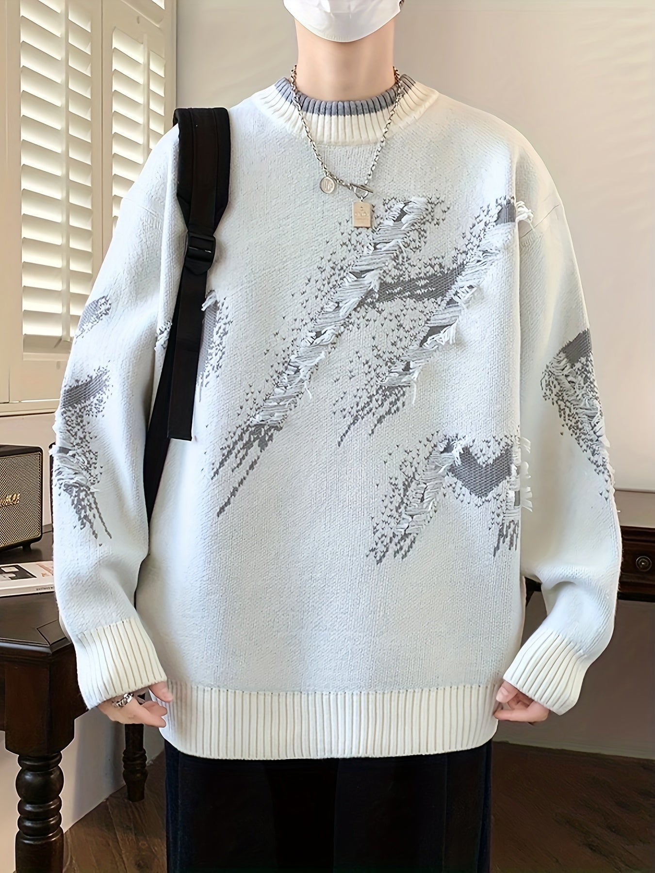 Cozy Men's Loose Fit Color Block Frayed Knitted Pullover Sweater - Soft, Casual, Long Sleeve, Crew Neck, Perfect for Fall and Winter - Easy to Match, Versatile, and Warm