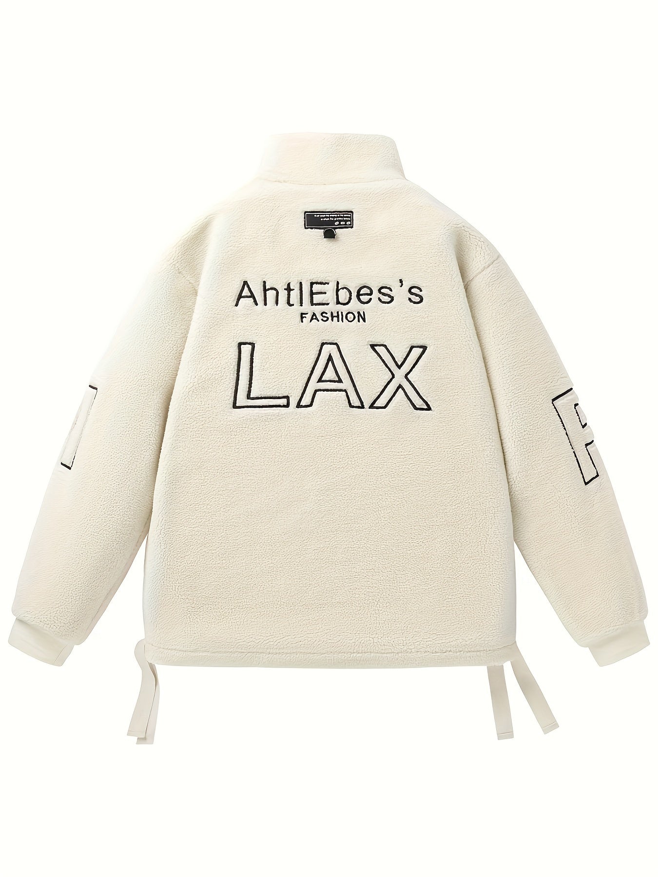 Men's Loose LAX Graphic Print Snuddie Fleece Jacket With Zipper Pockets, Casual Long Sleeve Stand Collar Warm Outwear For Outdoor