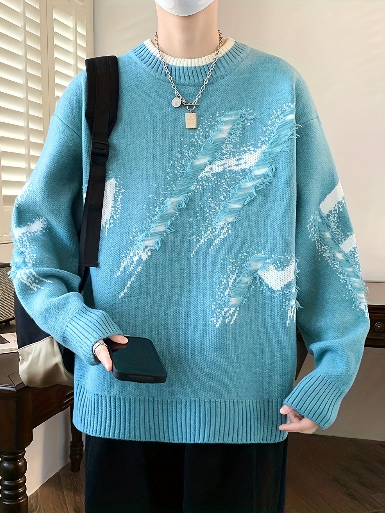 Cozy Men's Loose Fit Color Block Frayed Knitted Pullover Sweater - Soft, Casual, Long Sleeve, Crew Neck, Perfect for Fall and Winter - Easy to Match, Versatile, and Warm