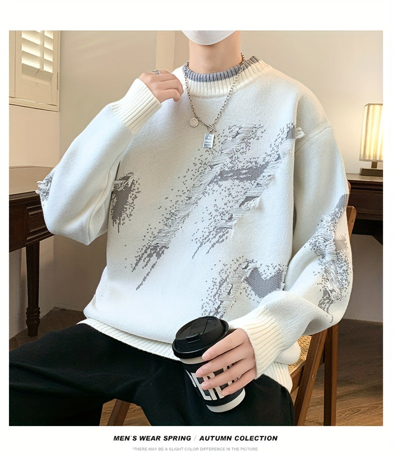 Cozy Men's Loose Fit Color Block Frayed Knitted Pullover Sweater - Soft, Casual, Long Sleeve, Crew Neck, Perfect for Fall and Winter - Easy to Match, Versatile, and Warm