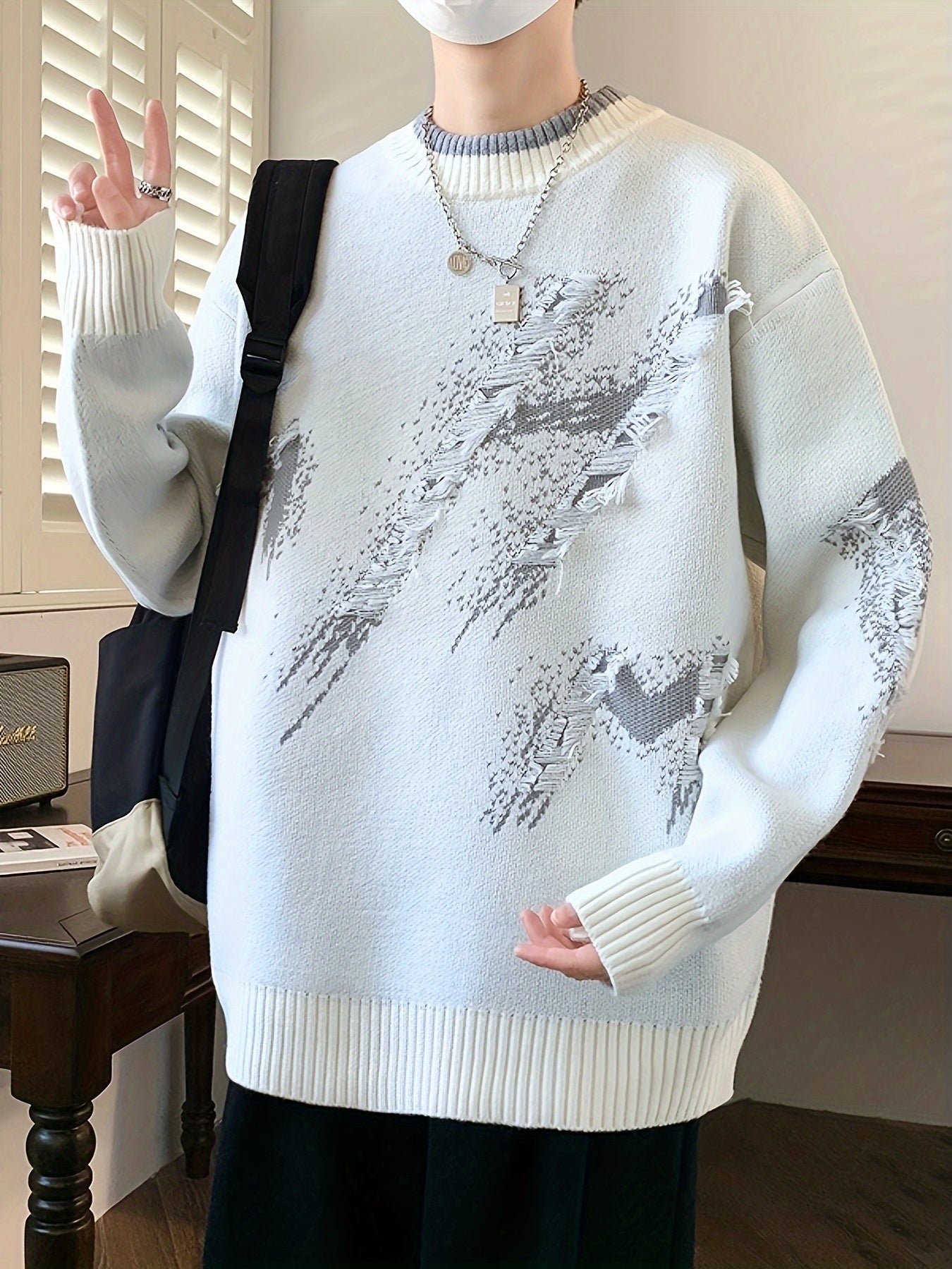 Cozy Men's Loose Fit Color Block Frayed Knitted Pullover Sweater - Soft, Casual, Long Sleeve, Crew Neck, Perfect for Fall and Winter - Easy to Match, Versatile, and Warm