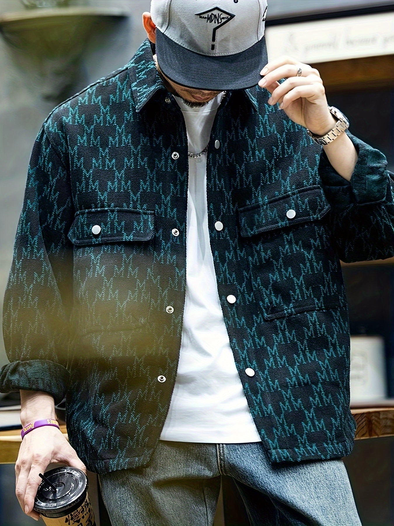 Mens Fashionable Graphic Print Jacket - Stylish & Comfortable Lapel Button Up Coat - Ideal for Spring & Fall - Versatile Long Sleeve Wear