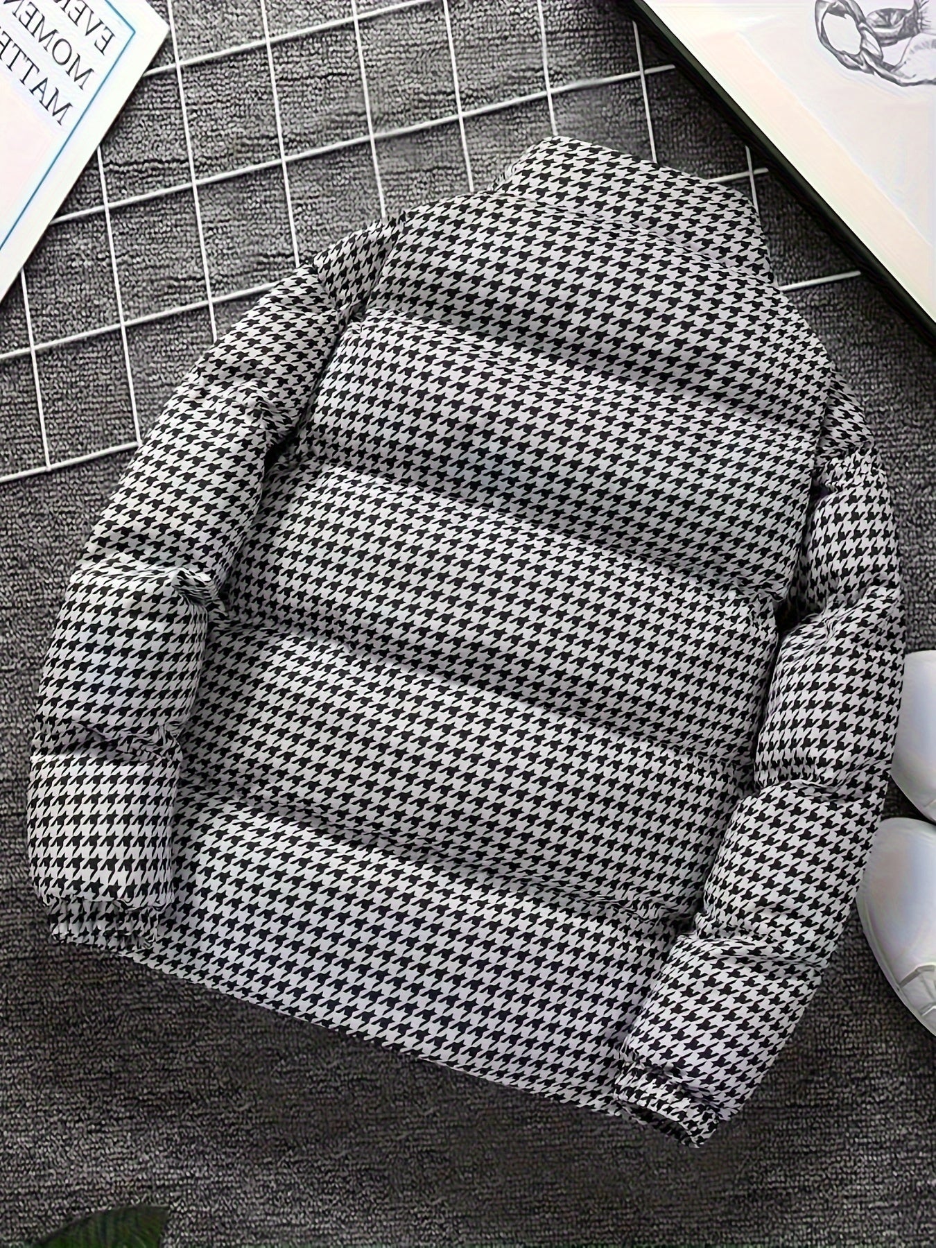 Men's Houndstooth Winter Puffer Jacket - Polyester Stand Collar Casual Style Coats, Machine Washable