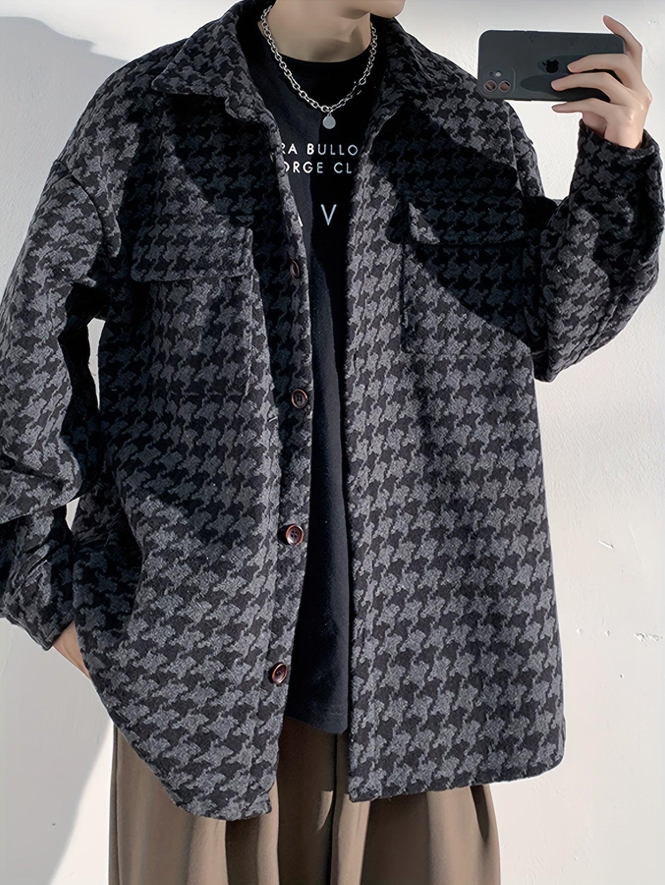 Stylish Men's Checkered Graphic Print Jacket - Long Sleeve, Hooded, Casual Button Up with Lapel, Multiple Pockets, Perfect for Outdoor Activities and Everyday Wear