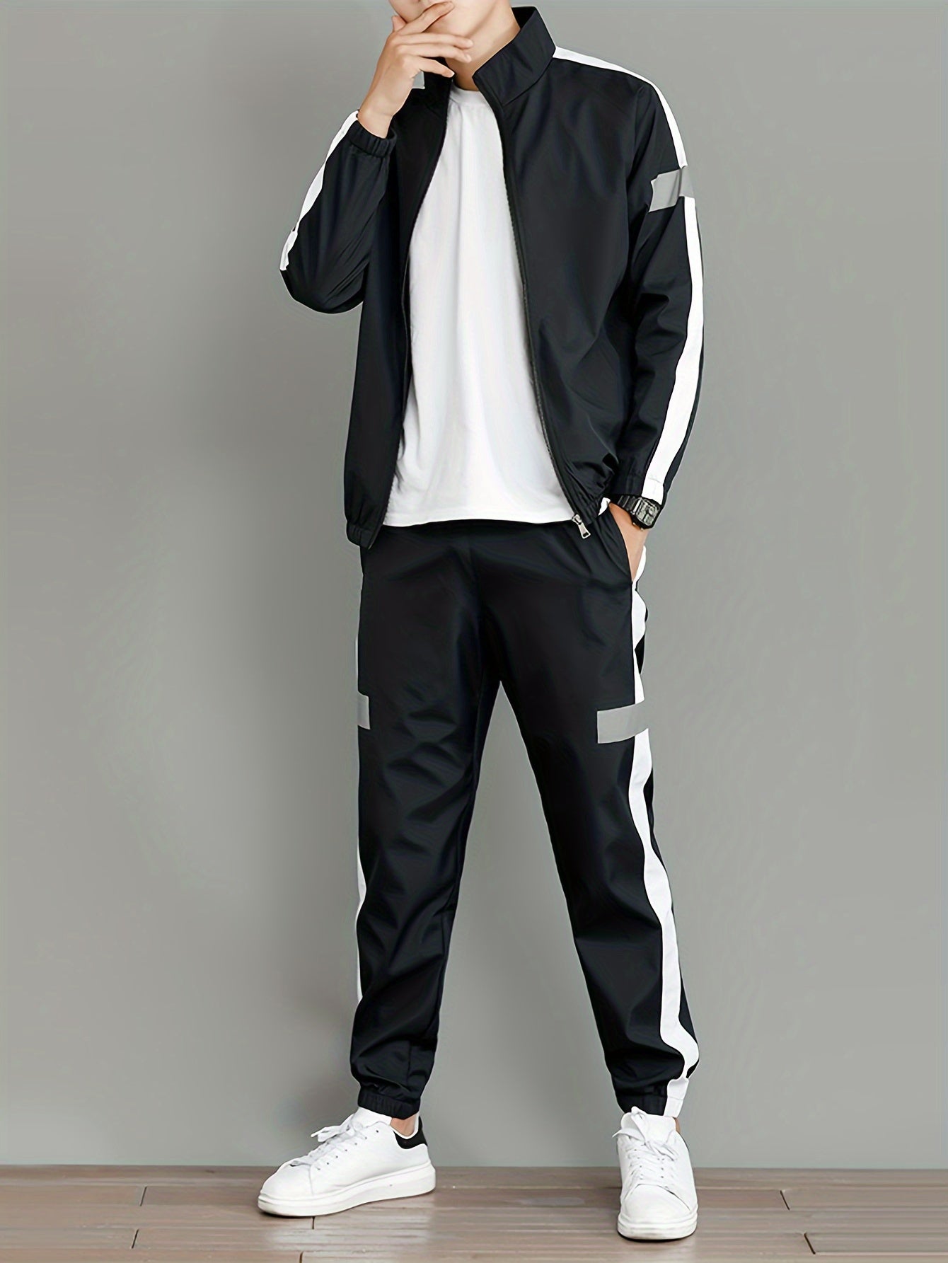 Men's Casual Sportswear Set - Trendy Korean-Style Jacket & Pants Combo, Long Sleeve, Machine Washable