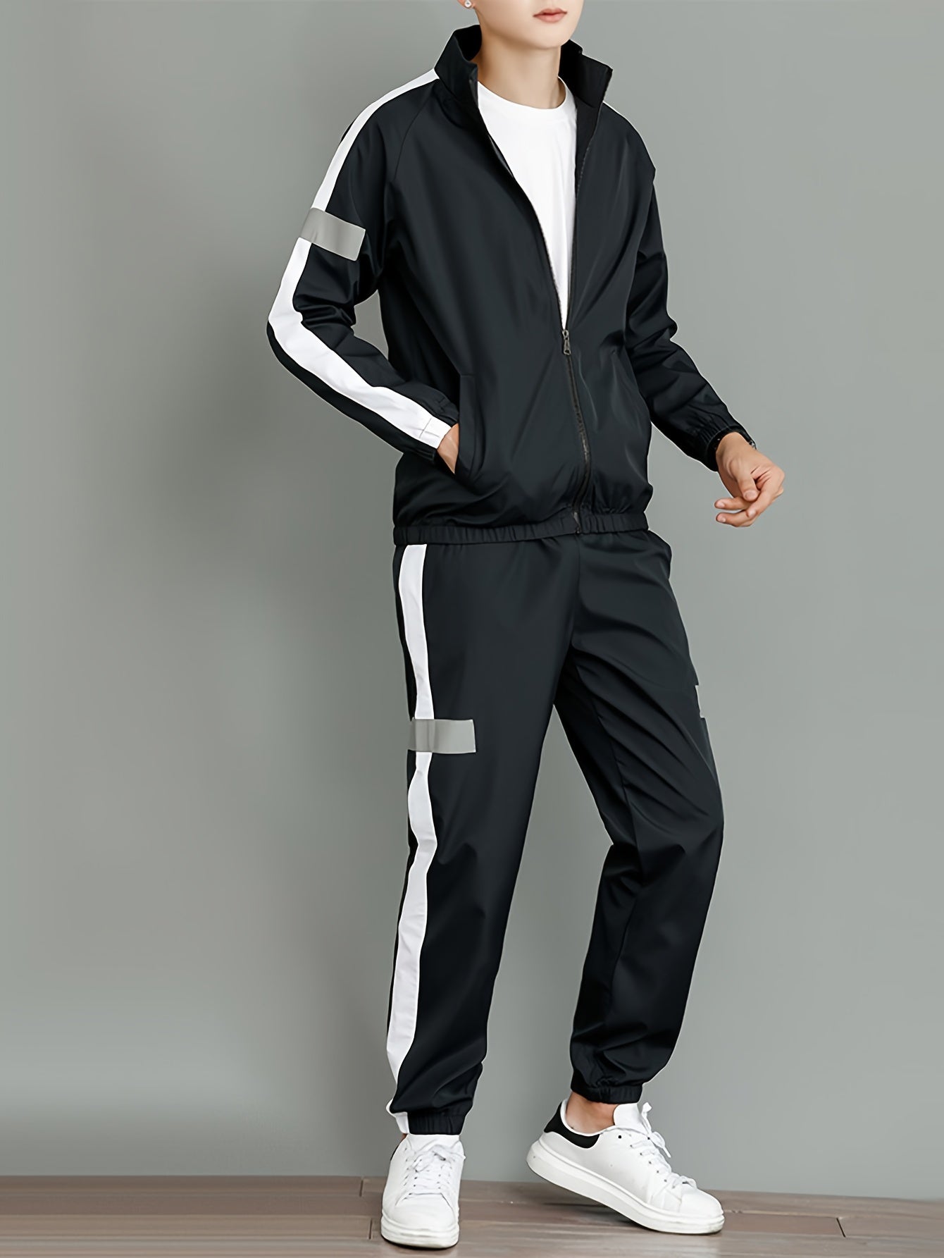 Men's Casual Sportswear Set - Trendy Korean-Style Jacket & Pants Combo, Long Sleeve, Machine Washable