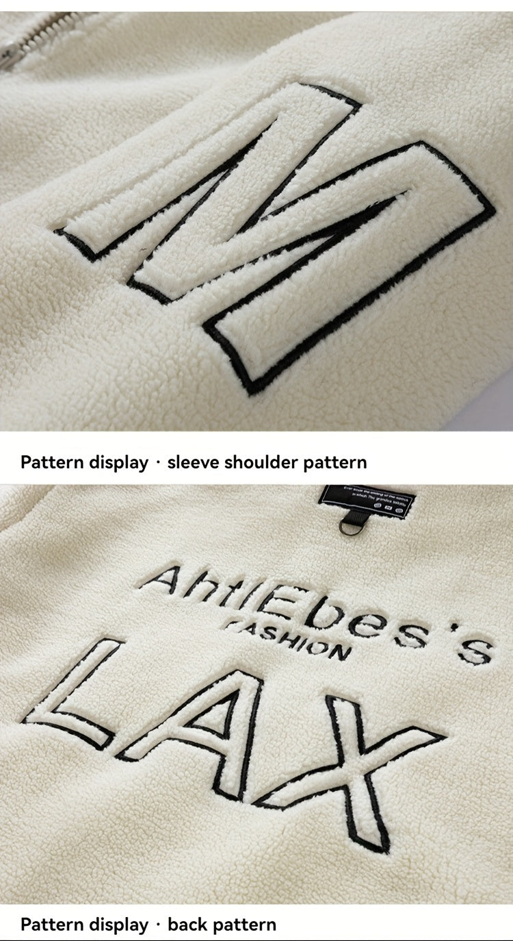 Men's Loose LAX Graphic Print Snuddie Fleece Jacket With Zipper Pockets, Casual Long Sleeve Stand Collar Warm Outwear For Outdoor