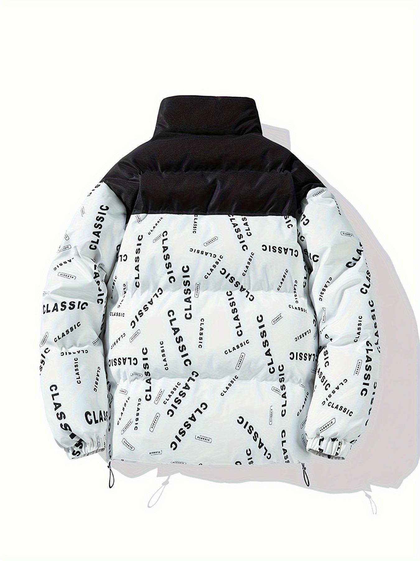 Men's Letters Pattern Color Blocking Faux Down Jacket, Comfy Warm Trendy Long Sleeve Stand Collar Retro Coat As Gift For Winter