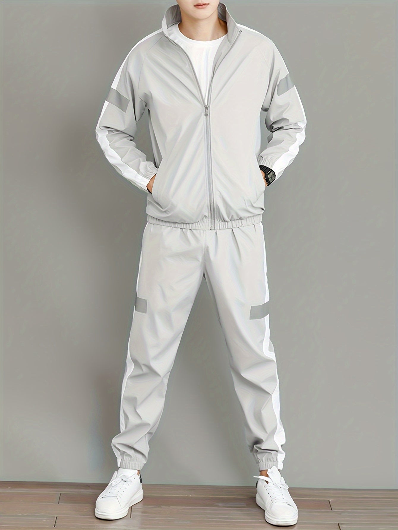 Men's Casual Sportswear Set - Trendy Korean-Style Jacket & Pants Combo, Long Sleeve, Machine Washable