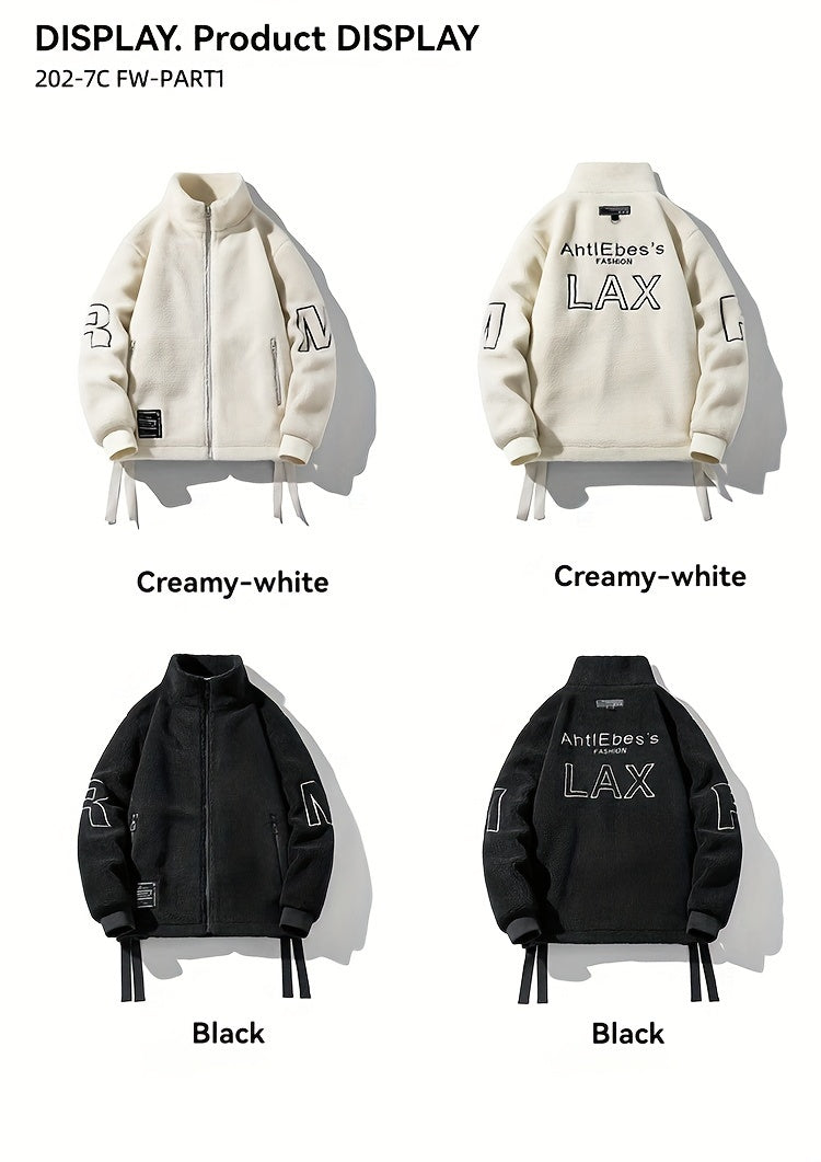 Men's Loose LAX Graphic Print Snuddie Fleece Jacket With Zipper Pockets, Casual Long Sleeve Stand Collar Warm Outwear For Outdoor