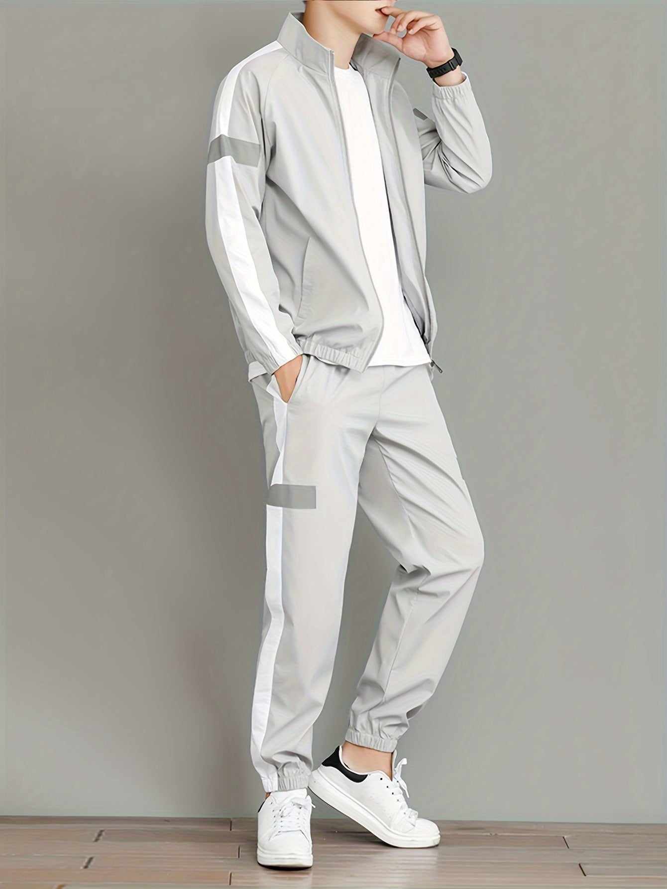 Men's Casual Sportswear Set - Trendy Korean-Style Jacket & Pants Combo, Long Sleeve, Machine Washable