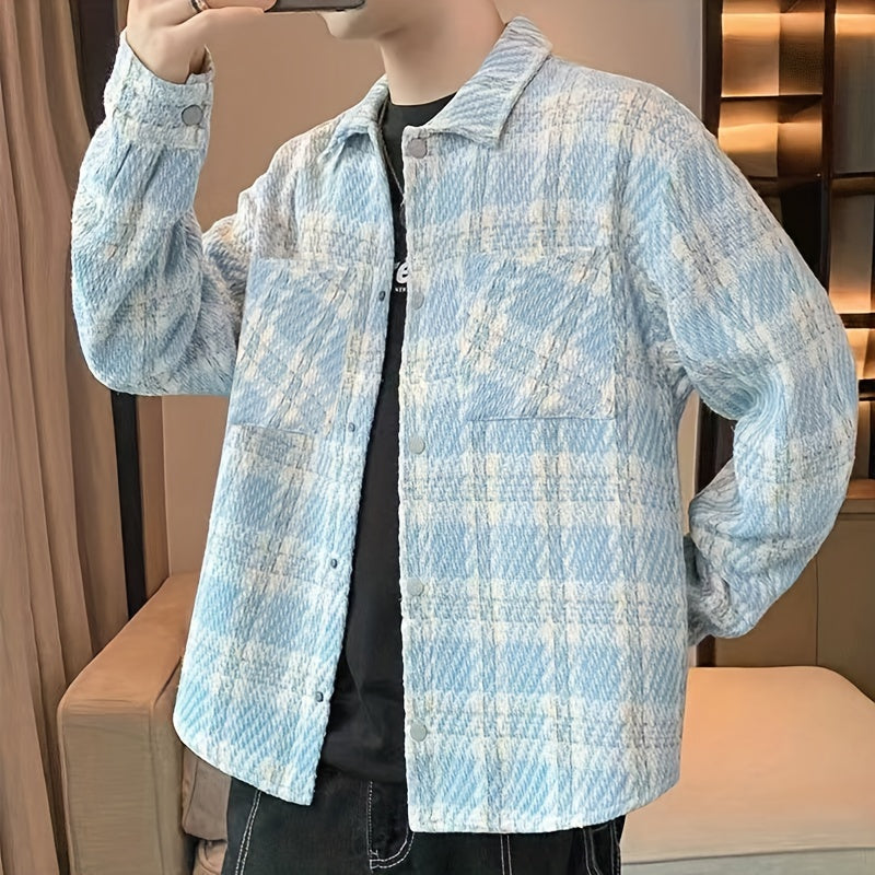 Mens Classic Plaid Loose Fit Long Sleeve Shirt with Chest Pockets - Square Neck, Button Up, Non-Stretch Polyester, Weekend Casual Wear for Spring and Fall Seasons - England Inspired, Cross Pattern, Outdoor and Daily Wear