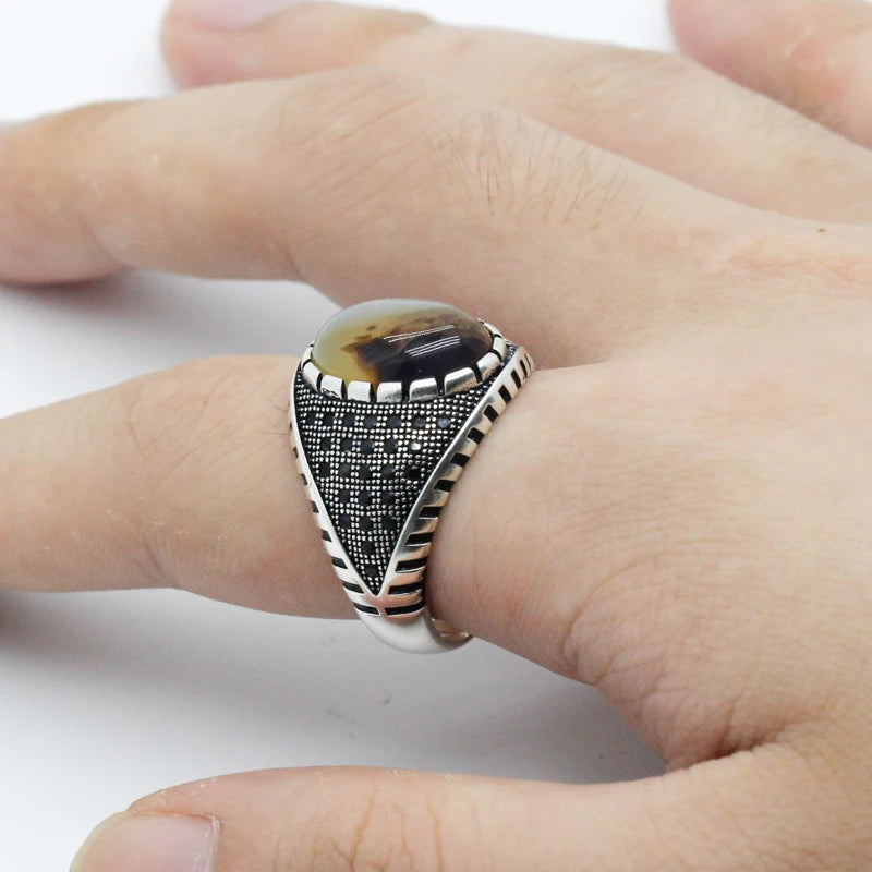 Real Natural Stone Ring Pure 925 Sterling Silver Ring For Men With Agate Stone Thai Silver Gear CZ Stone Turkish Party Jewelry
