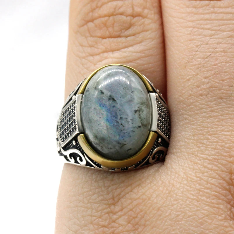 New Seven Color S925 Sterling Silver Antique Türkiye Blue Zircon and Agate Punk Rock Hand made Men's Ring Gift