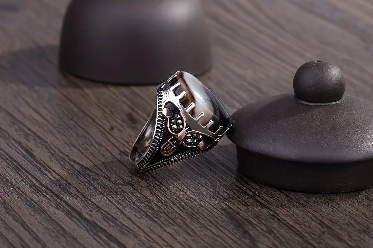BOCAI New 100% real 925 Silver Ring for Men Natural Stone Flower Agate Ring Middle East Simple Jewelry S925 silver Men's Rings