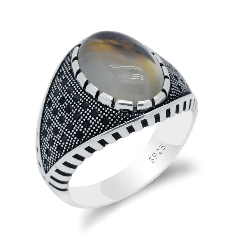Real Natural Stone Ring Pure 925 Sterling Silver Ring For Men With Agate Stone Thai Silver Gear CZ Stone Turkish Party Jewelry