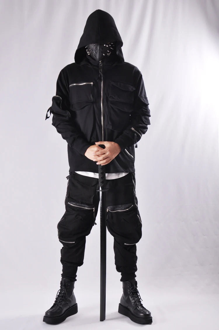 Guochao Dark Ninja clothes multi-pocket functional Hoodie Hoodie men's loose zipper jacket tactical hoodie