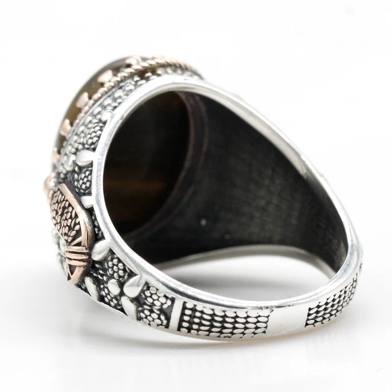 Pure 925 Sterling Silver Men's Ring Natural Tiger Eyes Stone Drip Gold Anchor Vintage Party RIng Turkey Jewelry Exquisite Ring