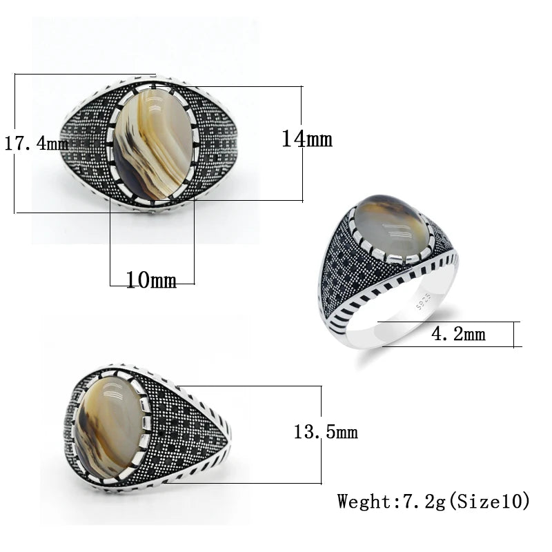 Real Natural Stone Ring Pure 925 Sterling Silver Ring For Men With Agate Stone Thai Silver Gear CZ Stone Turkish Party Jewelry