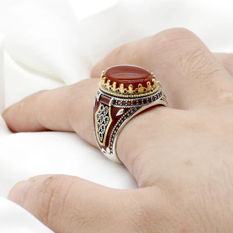 New Natural Red Agate Türkiye Men's 925 Sterling Silver Handmade Ring Aggressive Personality Attends Dinner High Quality Jewelry