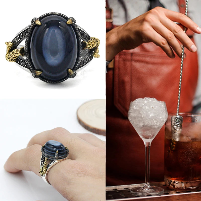 Solid 925 Sterling Silver Men Ring Evil Eyes Natural Agate Stone Parallel Zebra Line Black CZ Punk Style Ring for Men Turkey