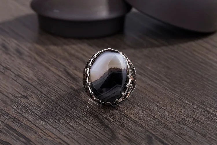 BOCAI New 100% real 925 Silver Ring for Men Natural Stone Flower Agate Ring Middle East Simple Jewelry S925 silver Men's Rings